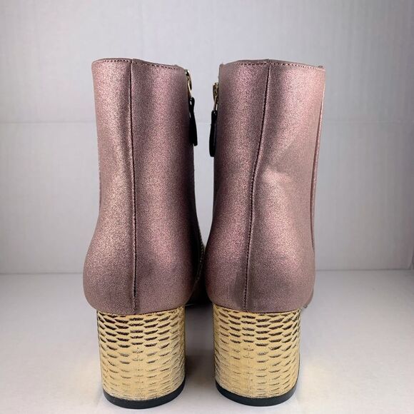 ASOS pink shimmer ankle bootie gold textured gold block heels - Picture 5 of 9